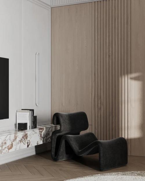 Минималистичная кухня - гостиная пентхауса со вторым светом и мансардными окнами. 06