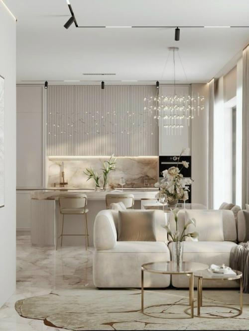 Эта кухня - гостиная оформлена в современном стиле, где каждая деталь продумана для комфорта и гармонии. 08