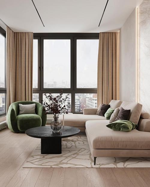 Такая светлая, просторная и легкая зона гостиной станет настоящим украшением квартиры.