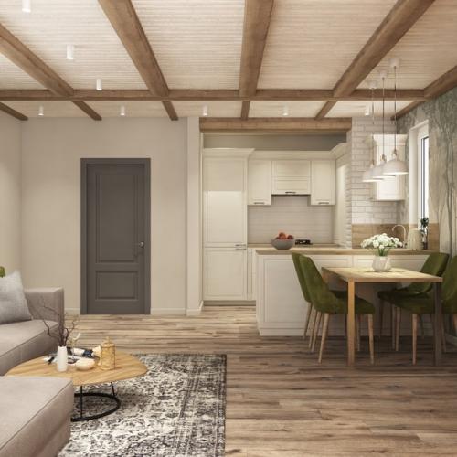 Визуализация кухни - гостиной в проекте загородного дома. 03