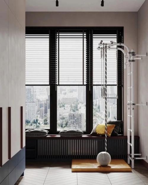 Детская комната в светлой гамме с акцентными зонами приглушенного винного оттенка и благородного французского синего. 04