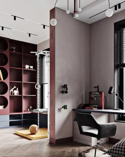 Детская комната в светлой гамме с акцентными зонами приглушенного винного оттенка и благородного французского синего. 06