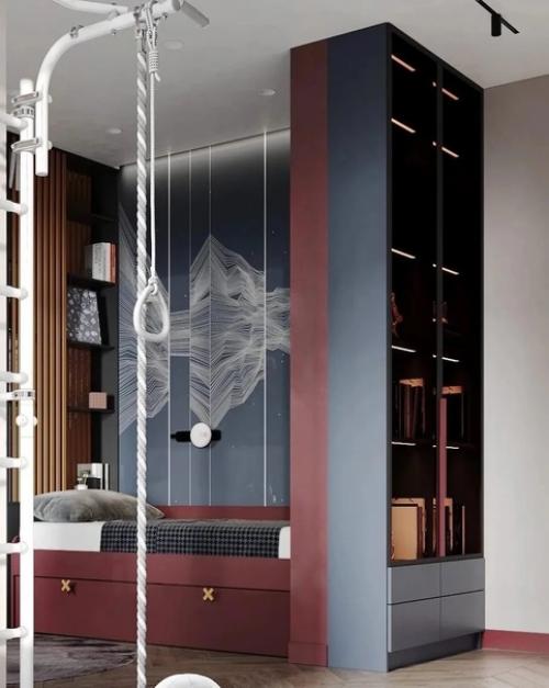 Детская комната в светлой гамме с акцентными зонами приглушенного винного оттенка и благородного французского синего. 01