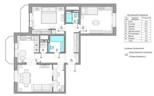Трехкомнатная квартира, площадью - 75, 5 кв. 09