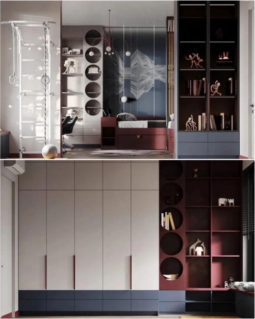 Детская комната в светлой гамме с акцентными зонами приглушенного винного оттенка и благородного французского синего. 05