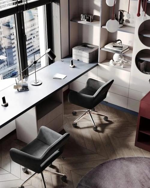 Детская комната в светлой гамме с акцентными зонами приглушенного винного оттенка и благородного французского синего. 08