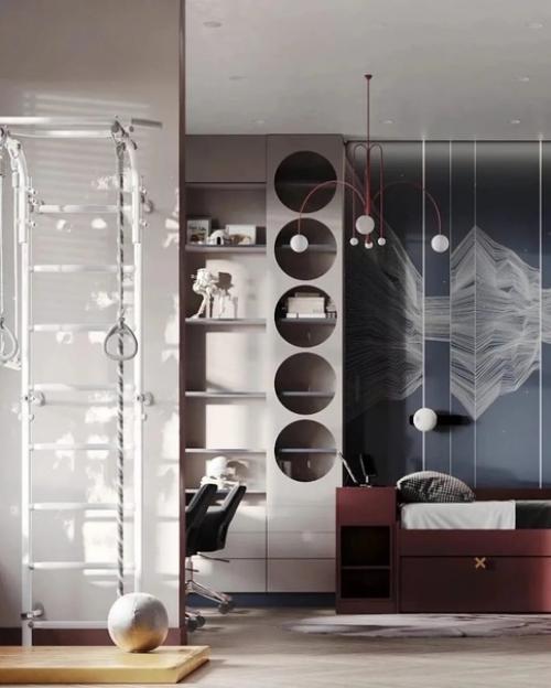 Детская комната в светлой гамме с акцентными зонами приглушенного винного оттенка и благородного французского синего. 02