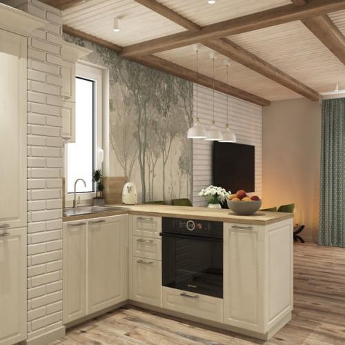 Визуализация кухни - гостиной в проекте загородного дома.