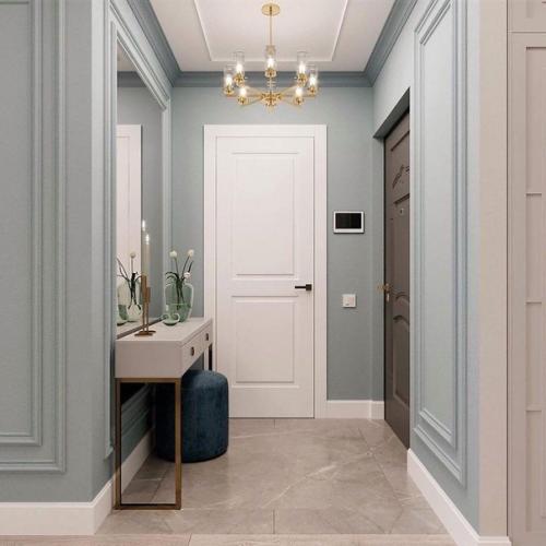 Проект квартиры, в котором сочетаются нежно-голубой с оттенками бежевого и белого цвета. 07