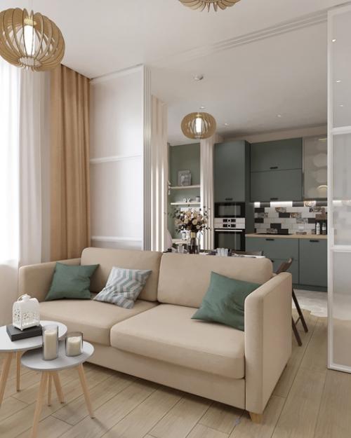 Кухня - гостиная в однокомнатной квартире площадью 45 кв.