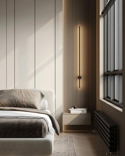 Минималистичный интерьер, выполненный в серых и бежевых оттенках с зелеными акцентами. 06