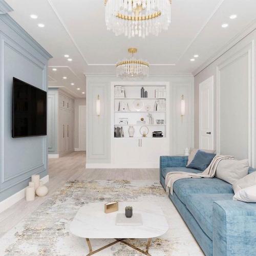 Проект квартиры, в котором сочетаются нежно-голубой с оттенками бежевого и белого цвета. 03