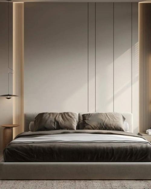 Минималистичный интерьер, выполненный в серых и бежевых оттенках с зелеными акцентами. 07