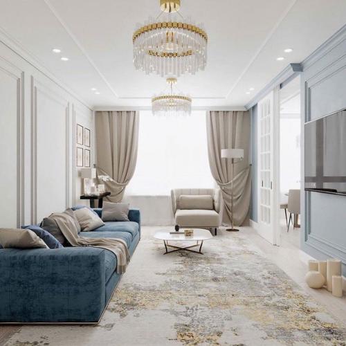 Проект квартиры, в котором сочетаются нежно-голубой с оттенками бежевого и белого цвета. 02