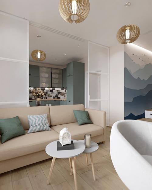 Кухня - гостиная в однокомнатной квартире площадью 45 кв. 07