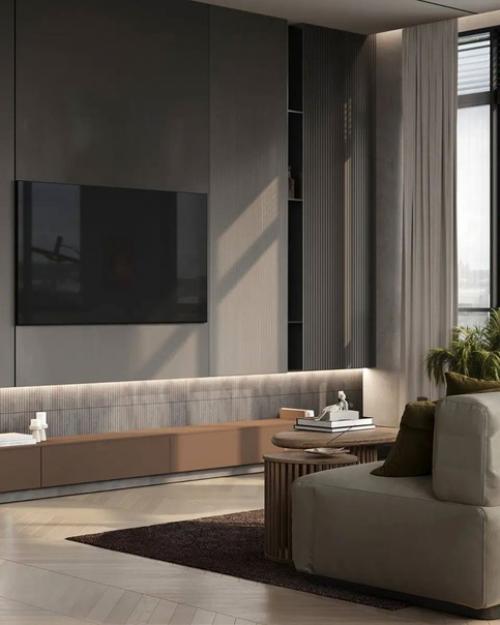 Минималистичный интерьер, выполненный в серых и бежевых оттенках с зелеными акцентами. 04