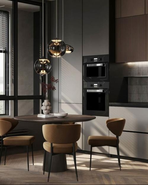 Минималистичный интерьер, выполненный в серых и бежевых оттенках с зелеными акцентами. 01