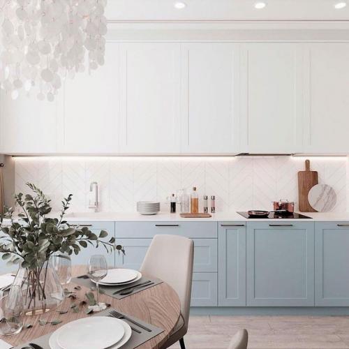 Проект квартиры, в котором сочетаются нежно-голубой с оттенками бежевого и белого цвета.