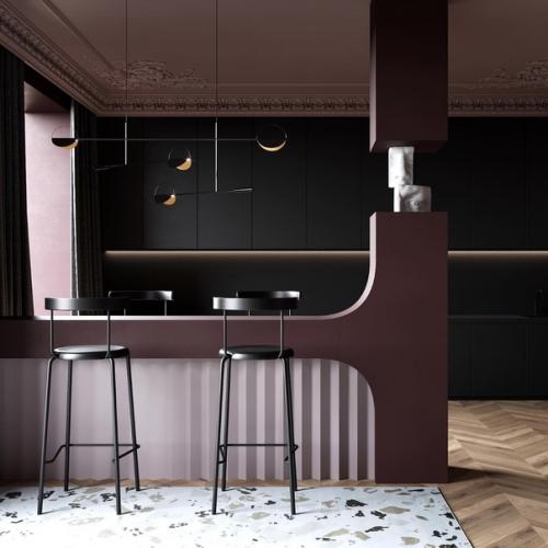 Необычный подход к оформлению зоны разделения кухни и гостиной.