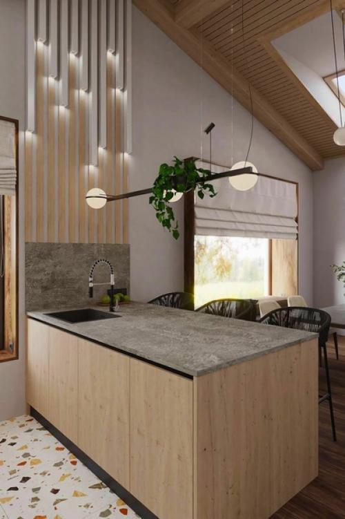 Современный интерьер кухни - гостиной в загородном доме. 02