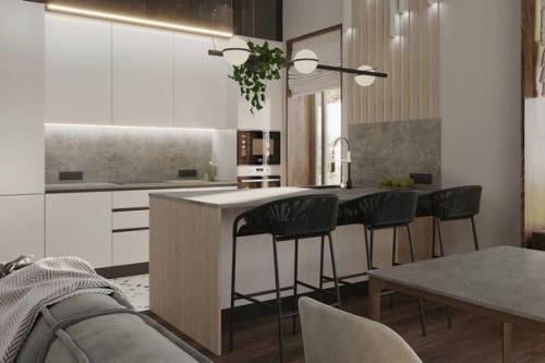 Современный интерьер кухни - гостиной в загородном доме. 01