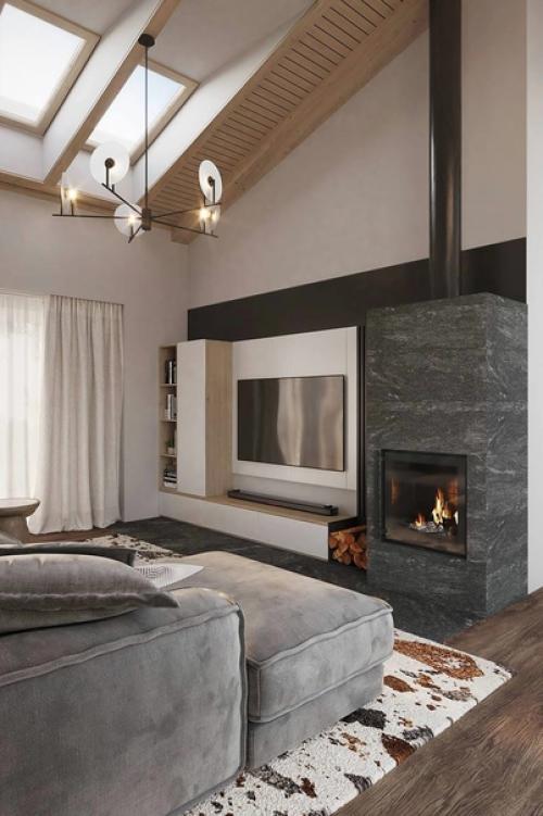 Современный интерьер кухни - гостиной в загородном доме. 07