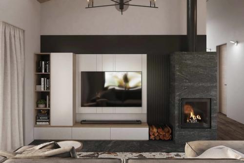 Современный интерьер кухни - гостиной в загородном доме. 08