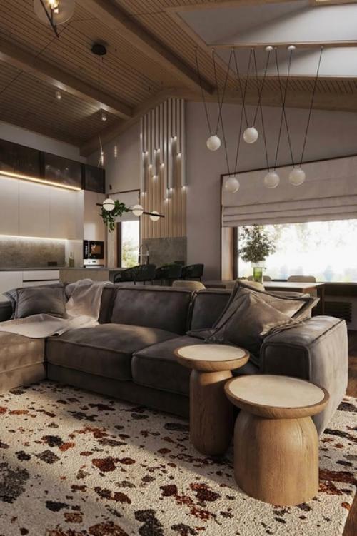 Современный интерьер кухни - гостиной в загородном доме. 06