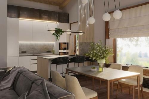 Современный интерьер кухни - гостиной в загородном доме. 03