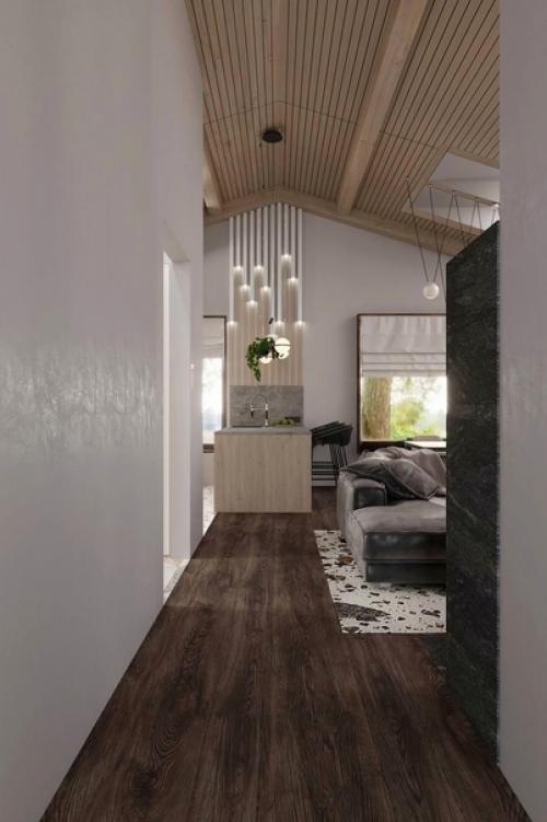 Современный интерьер кухни - гостиной в загородном доме. 09