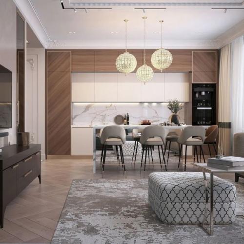 Гостиная, кухня и прихожая из одного проекта.