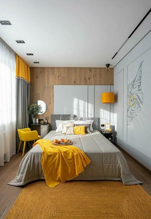 Яркий и жизнерадостный интерьер спальни в загородном доме для харизматичных и современных заказчиков. 01