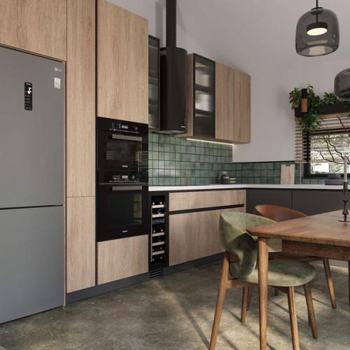 Стильная зона кухни в загородном доме.