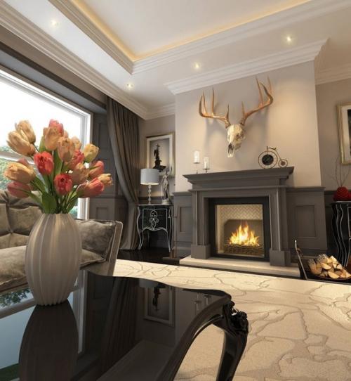 Интерьер зала, который украшен камином. 05