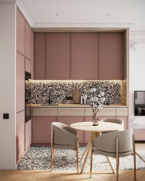 Интерьер кухни - гостиной в пудровых оттенках. 03