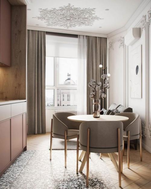Интерьер кухни - гостиной в пудровых оттенках.
