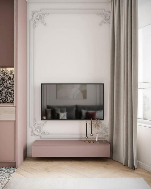 Интерьер кухни - гостиной в пудровых оттенках. 04