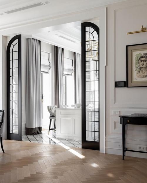 Добавить выразительности в интерьер, посредством графичных перегородок и элементов декора на стенах и потолке.