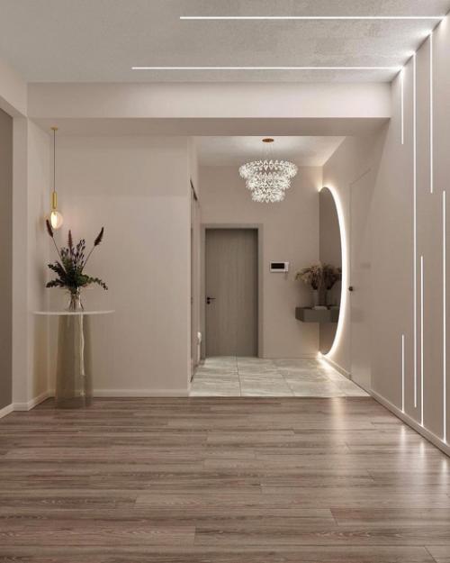 Минималистичная прихожая. Необычна подсветка значительно расширяет пространство и делает прихожую чуточку больше.