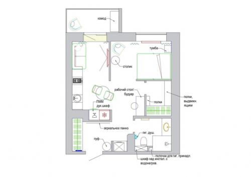 Стильная двушка с цветной мебелью и встроенными шкафами. 09