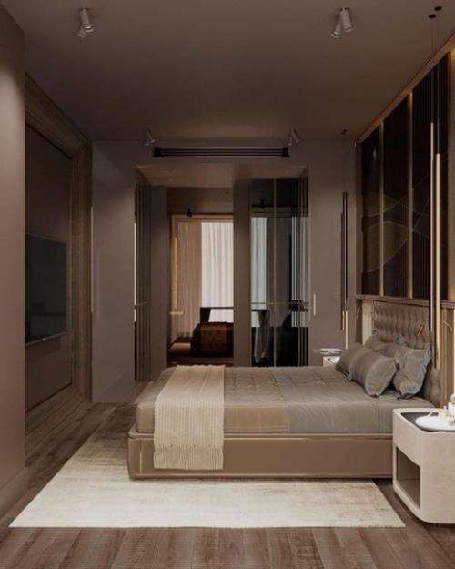 Дизайн спальни. Сочетание шикарного коричневого цвета и подсветки в тёплом оттенке. 01