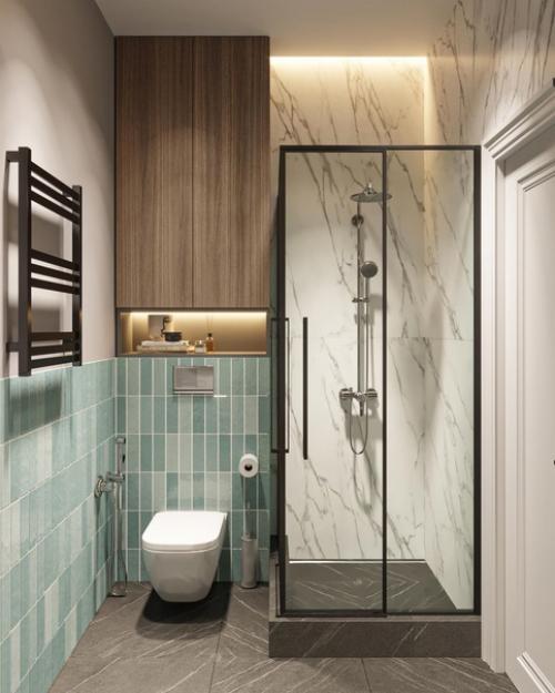 Душевая комната.  На 4, 54 м 2 разместили все необходимое и сделали это красиво. 09