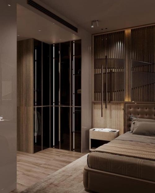 Дизайн спальни. Сочетание шикарного коричневого цвета и подсветки в тёплом оттенке. 02