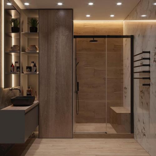 Душевая со встроенным бытовым шкафом.