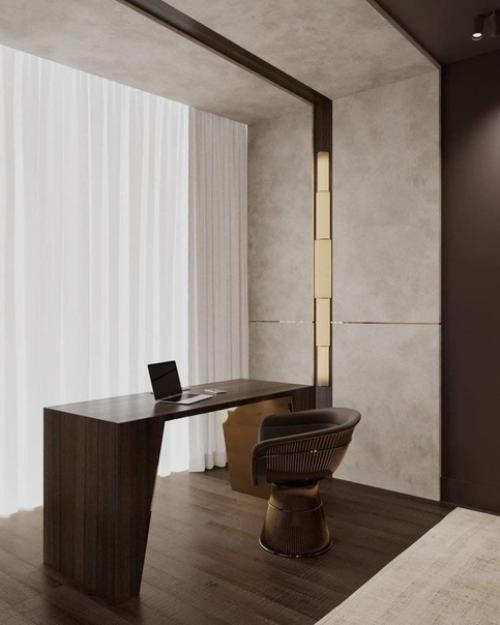 Дизайн спальни. Сочетание шикарного коричневого цвета и подсветки в тёплом оттенке. 03