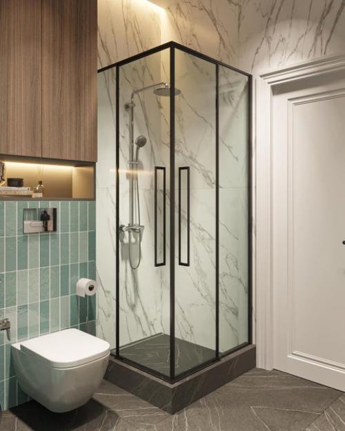 Душевая комната.  На 4, 54 м 2 разместили все необходимое и сделали это красиво. 07