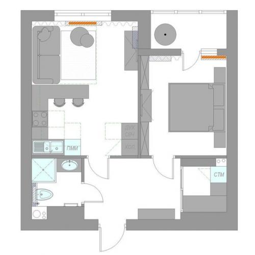 Светлый интерьер с ярким акцентным диванчиком! 09