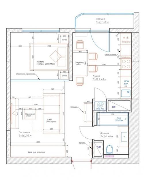 Квартира, общей площадью 44 кв. 07