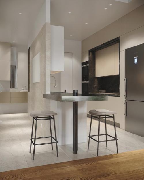 Воздушная кухня - гостиная, в которой пространство разделено с помощью стойки тв. 02