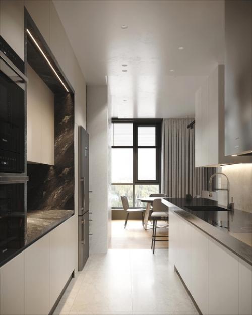 Воздушная кухня - гостиная, в которой пространство разделено с помощью стойки тв. 01